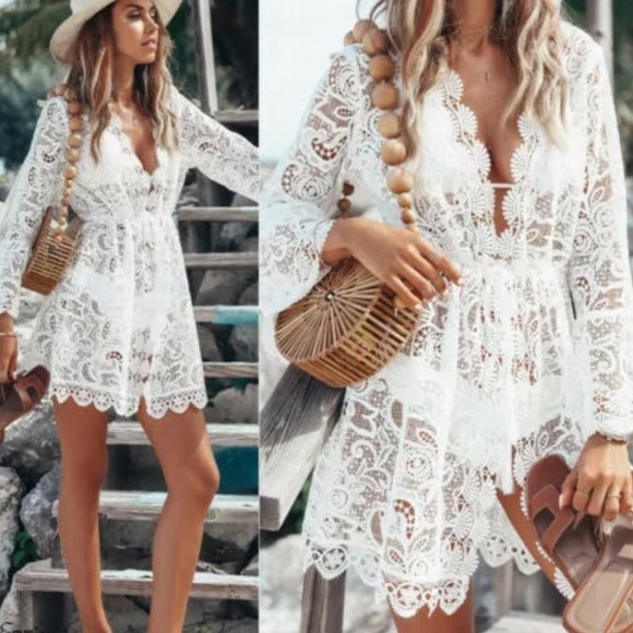 SOLD OUT Scalloped Lace Sheer Long Sleeve Coverup - Picture 2 of 6